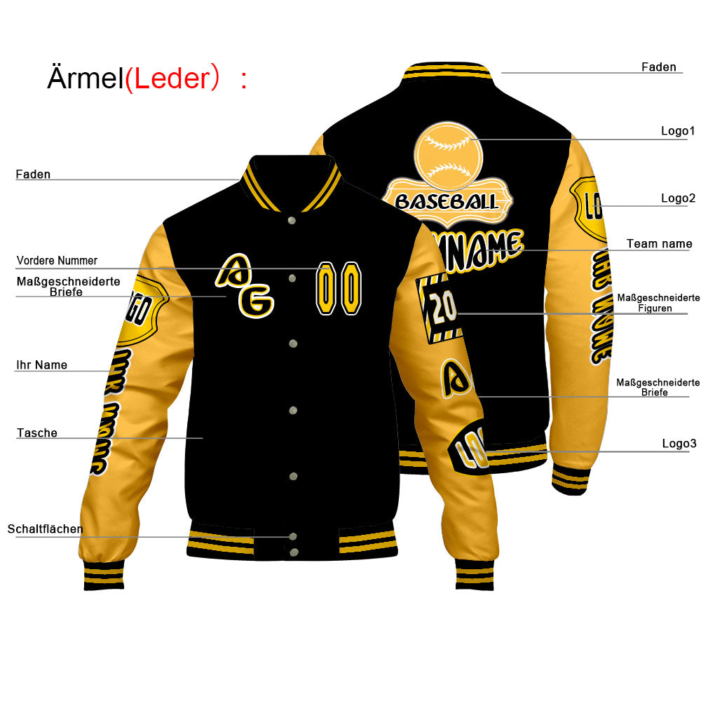 Maßgeschneiderte Schwarz Gelb Letterman Varsity Jacket Individuelle Stickerei  Druck nach Ihrem Wunsch