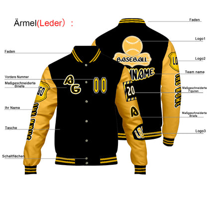 Maßgeschneiderte Schwarz Gelb Letterman Varsity Jacket Individuelle Stickerei  Druck nach Ihrem Wunsch