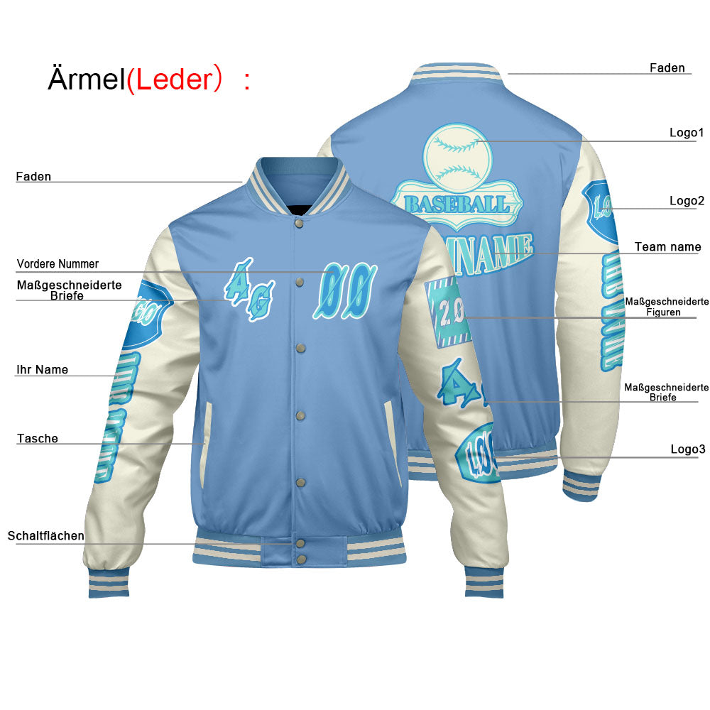 Maßgeschneiderte Blau Cyan Letterman Varsity Jacket Individuelle Stickerei  Druck nach Ihrem Wunsch