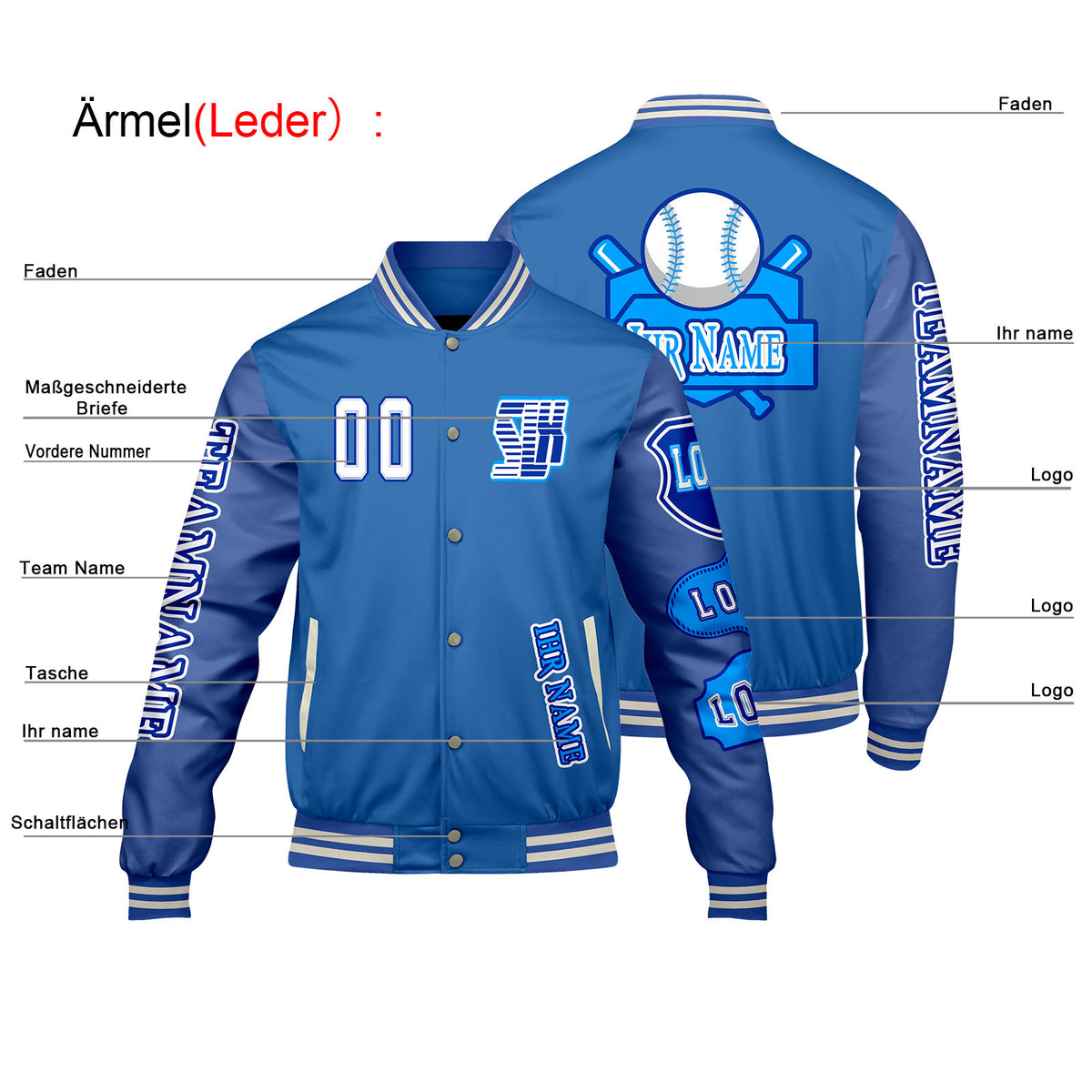 Maßgeschneiderte Blau Letterman Varsity Jacket Individuelle Stickerei  Druck nach Ihrem Wunsch