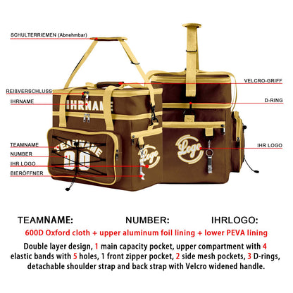 Maßgeschickerte Braun Gelb vollflächig bedruckte isolierte Kühltasche mit Doppelwand Wasserdichte 600D Oxford Picknick-Tragetasche für Teamevents & Outdoor-Grillen