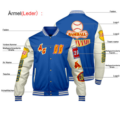 Maßgeschneiderte Blau Gelb Letterman Varsity Jacket Individuelle Stickerei  Druck nach Ihrem Wunsch