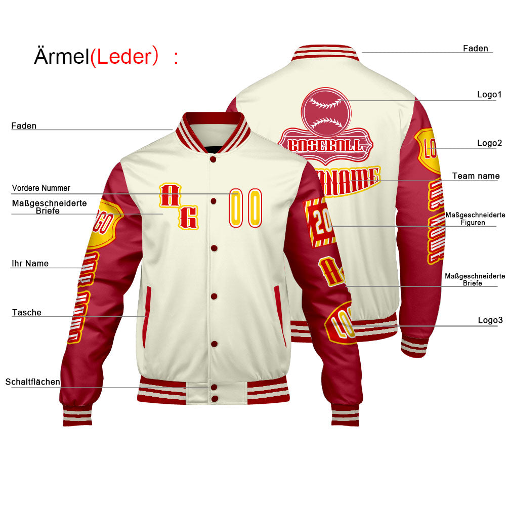 Maßgeschneiderte Rot Gelb Letterman Varsity Jacket Individuelle Stickerei  Druck nach Ihrem Wunsch
