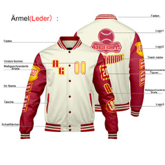 Maßgeschneiderte Rot Gelb Letterman Varsity Jacket Individuelle Stickerei  Druck nach Ihrem Wunsch