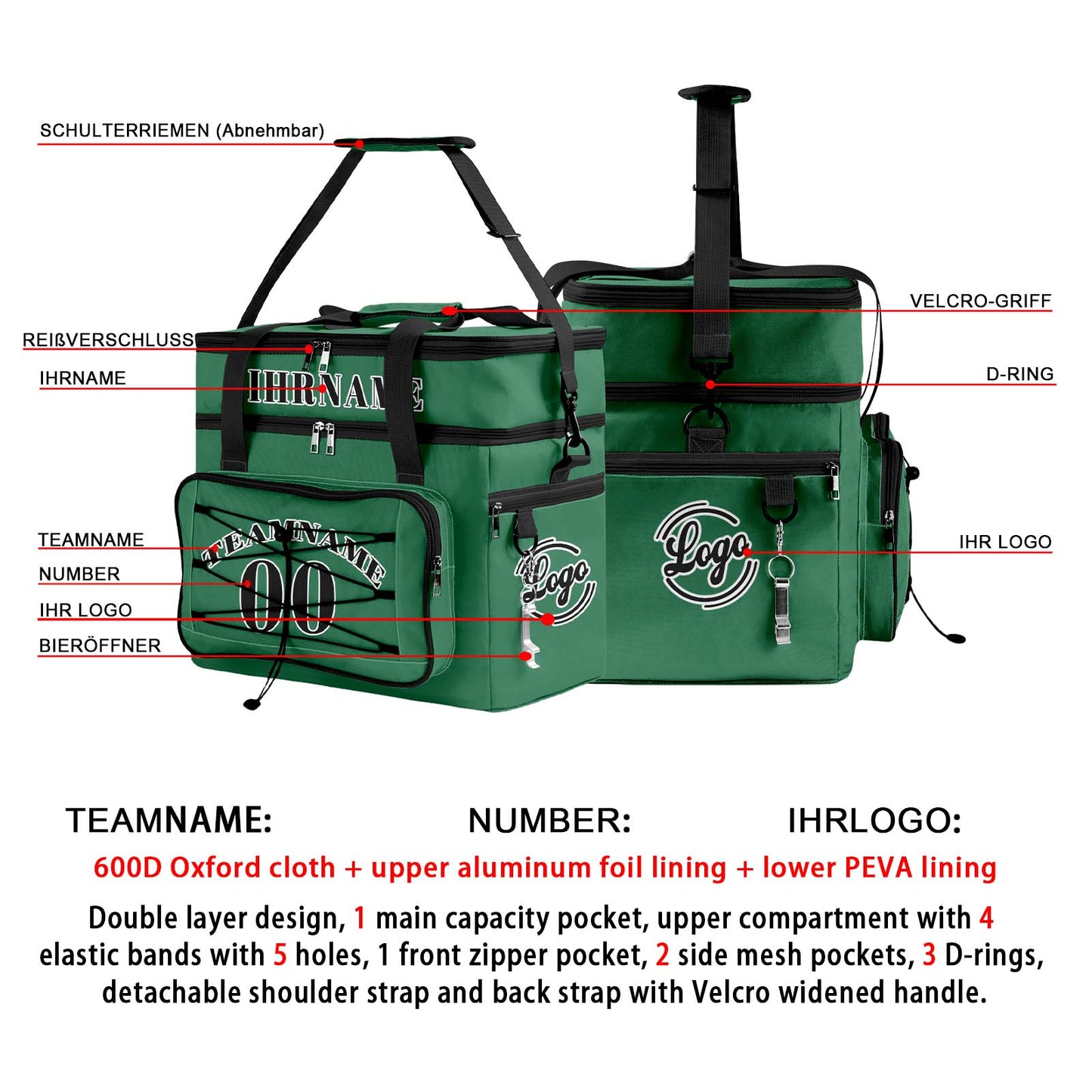 Maßgeschickerte Grün Schwarz vollflächig bedruckte isolierte Kühltasche mit Doppelwand Wasserdichte 600D Oxford Picknick-Tragetasche für Teamevents & Outdoor-Grillen
