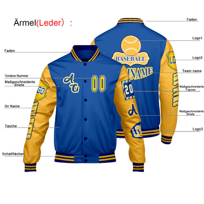 Maßgeschneiderte Blau Gelb Letterman Varsity Jacket Individuelle Stickerei  Druck nach Ihrem Wunsch