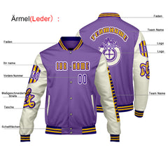 Maßgeschneiderte Lila Weiß Letterman Varsity Jacket Individuelle Stickerei  Druck nach Ihrem Wunsch