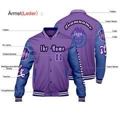Maßgeschneiderte Lila Blau Letterman Varsity Jacket Individuelle Stickerei  Druck nach Ihrem Wunsch