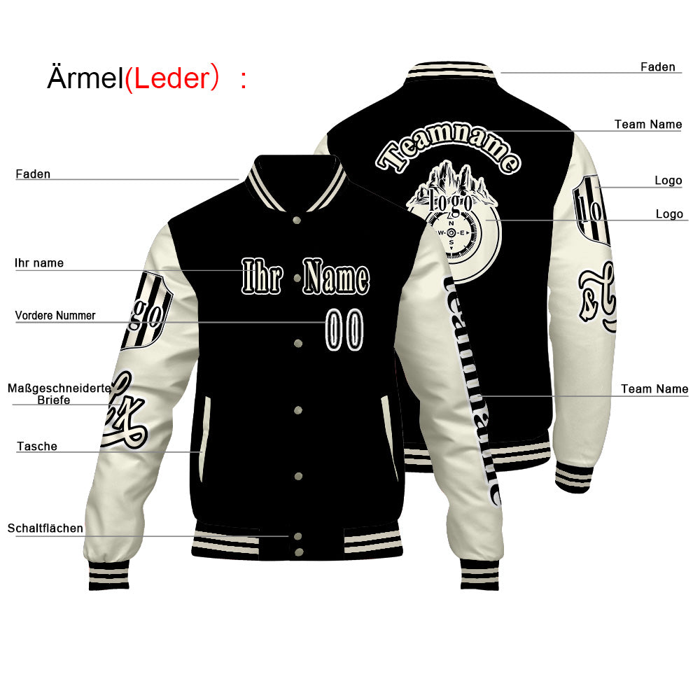 Maßgeschneiderte Schwarz Weiß Letterman Varsity Jacket Individuelle Stickerei  Druck nach Ihrem Wunsch