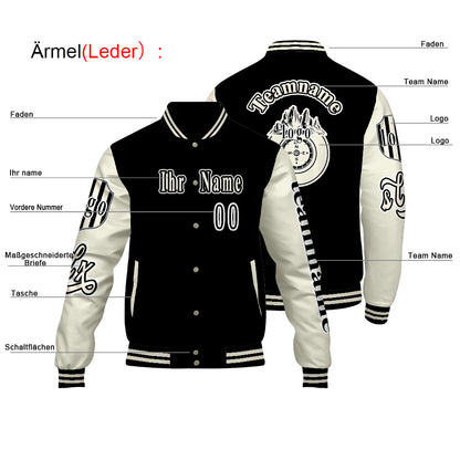 Maßgeschneiderte Schwarz Weiß Letterman Varsity Jacket Individuelle Stickerei  Druck nach Ihrem Wunsch