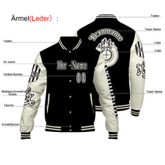 Maßgeschneiderte Schwarz Weiß Letterman Varsity Jacket Individuelle Stickerei  Druck nach Ihrem Wunsch
