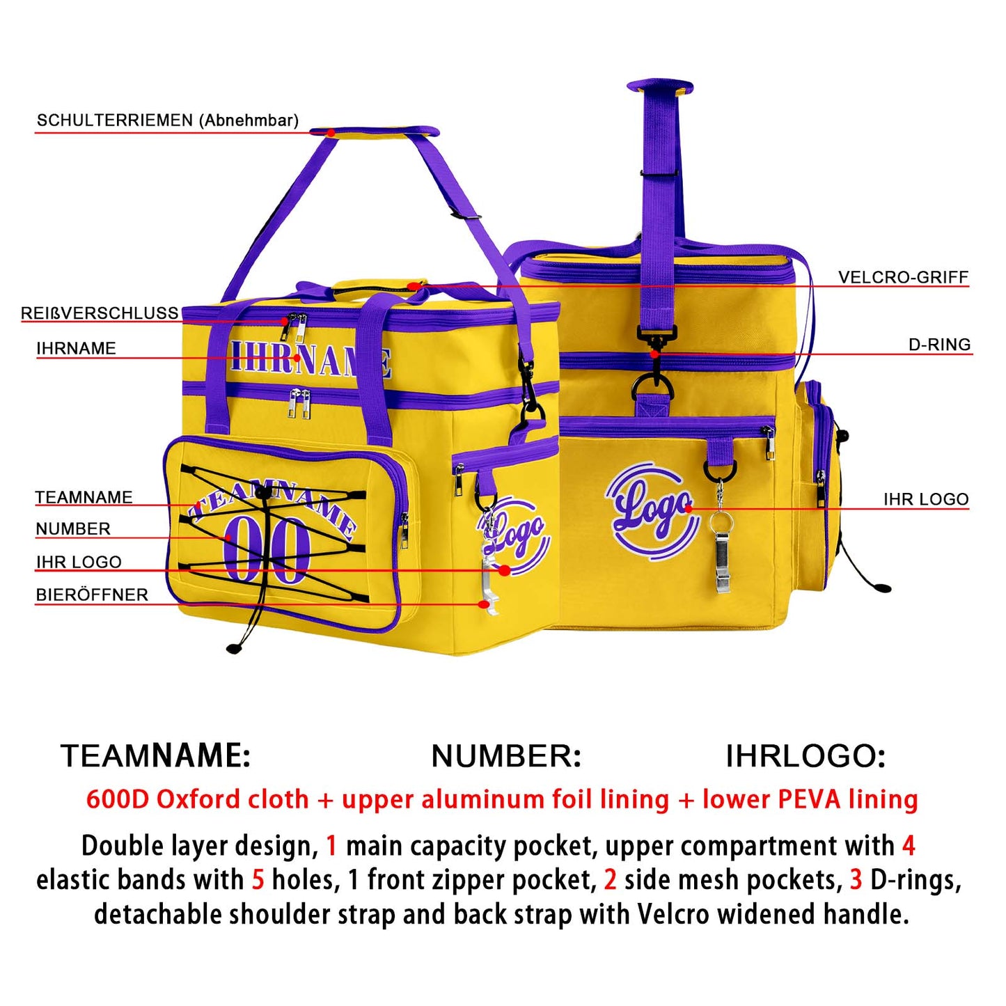 Maßgeschickerte Gelb Lila vollflächig bedruckte isolierte Kühltasche mit Doppelwand Wasserdichte 600D Oxford Picknick-Tragetasche für Teamevents & Outdoor-Grillen