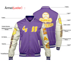Maßgeschneiderte Lila Gelb Letterman Varsity Jacket Individuelle Stickerei  Druck nach Ihrem Wunsch
