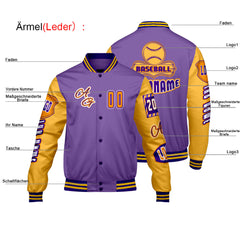 Maßgeschneiderte Lila Gelb Letterman Varsity Jacket Individuelle Stickerei  Druck nach Ihrem Wunsch