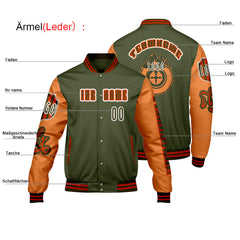 Maßgeschneiderte Grün Orange Letterman Varsity Jacket Individuelle Stickerei  Druck nach Ihrem Wunsch