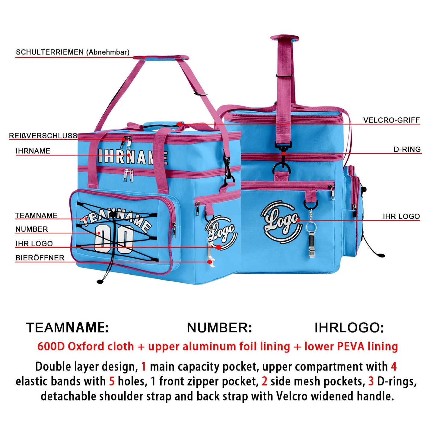 Maßgeschickerte Blau Rosa vollflächig bedruckte isolierte Kühltasche mit Doppelwand Wasserdichte 600D Oxford Picknick-Tragetasche für Teamevents & Outdoor-Grillen