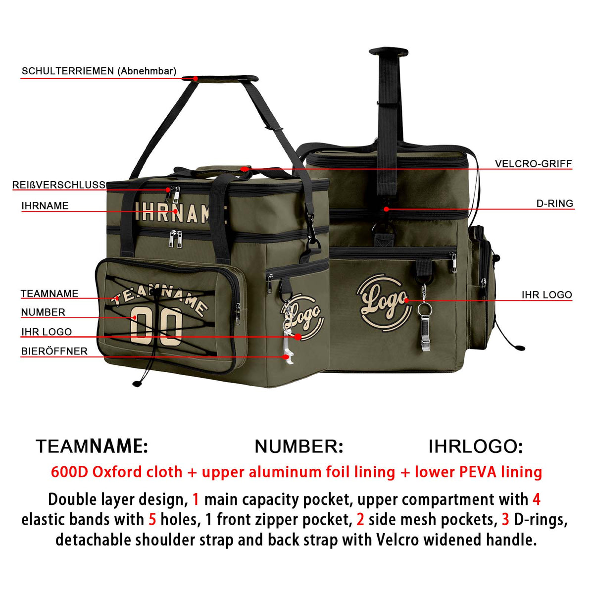 Maßgeschickerte Armeegrün Schwarz vollflächig bedruckte isolierte Kühltasche mit Doppelwand Wasserdichte 600D Oxford Picknick-Tragetasche für Teamevents & Outdoor-Grillen