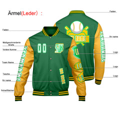 Maßgeschneiderte Grün Gelb Letterman Varsity Jacket Individuelle Stickerei  Druck nach Ihrem Wunsch