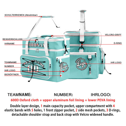 Maßgeschickerte Cyan Weiß vollflächig bedruckte isolierte Kühltasche mit Doppelwand Wasserdichte 600D Oxford Picknick-Tragetasche für Teamevents & Outdoor-Grillen