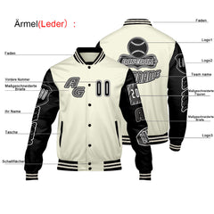 Maßgeschneiderte Schwarz Weiß Letterman Varsity Jacket Individuelle Stickerei  Druck nach Ihrem Wunsch
