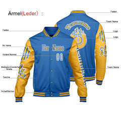 Maßgeschneiderte Blau Gelb Letterman Varsity Jacket Individuelle Stickerei  Druck nach Ihrem Wunsch