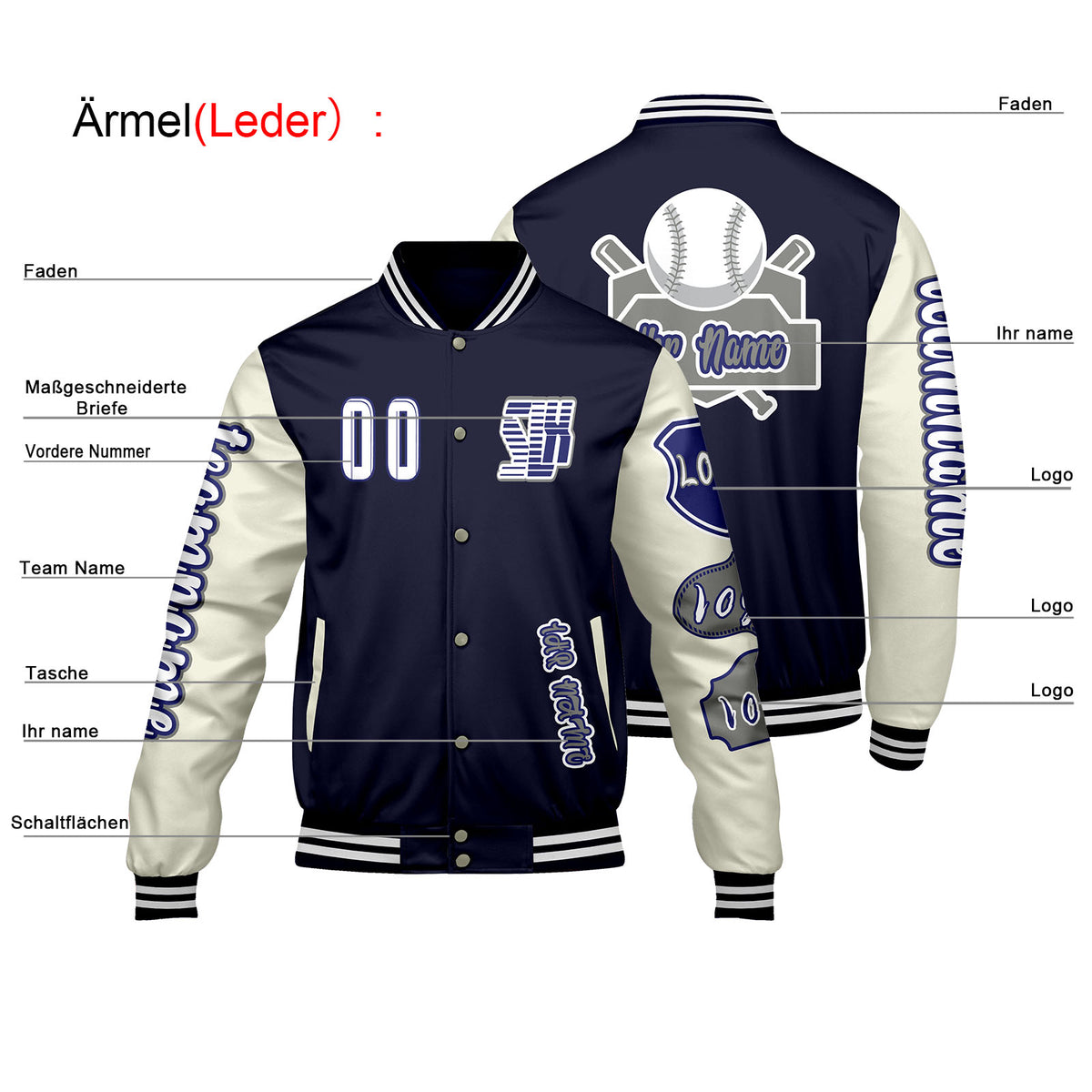 Maßgeschneiderte Marine Weiß Letterman Varsity Jacket Individuelle Stickerei  Druck nach Ihrem Wunsch