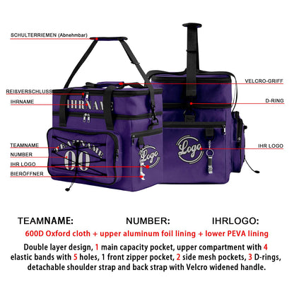 Maßgeschickerte Lila Schwarz vollflächig bedruckte isolierte Kühltasche mit Doppelwand Wasserdichte 600D Oxford Picknick-Tragetasche für Teamevents & Outdoor-Grillen