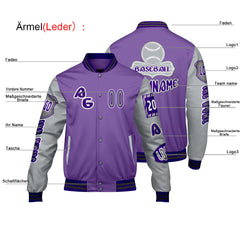 Maßgeschneiderte Lila Grau Letterman Varsity Jacket Individuelle Stickerei  Druck nach Ihrem Wunsch