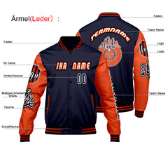 Maßgeschneiderte Marine Orange Letterman Varsity Jacket Individuelle Stickerei  Druck nach Ihrem Wunsch