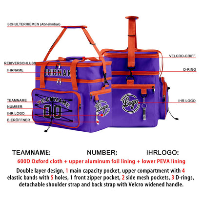 Maßgeschickerte Lila Orange vollflächig bedruckte isolierte Kühltasche mit Doppelwand Wasserdichte 600D Oxford Picknick-Tragetasche für Teamevents & Outdoor-Grillen