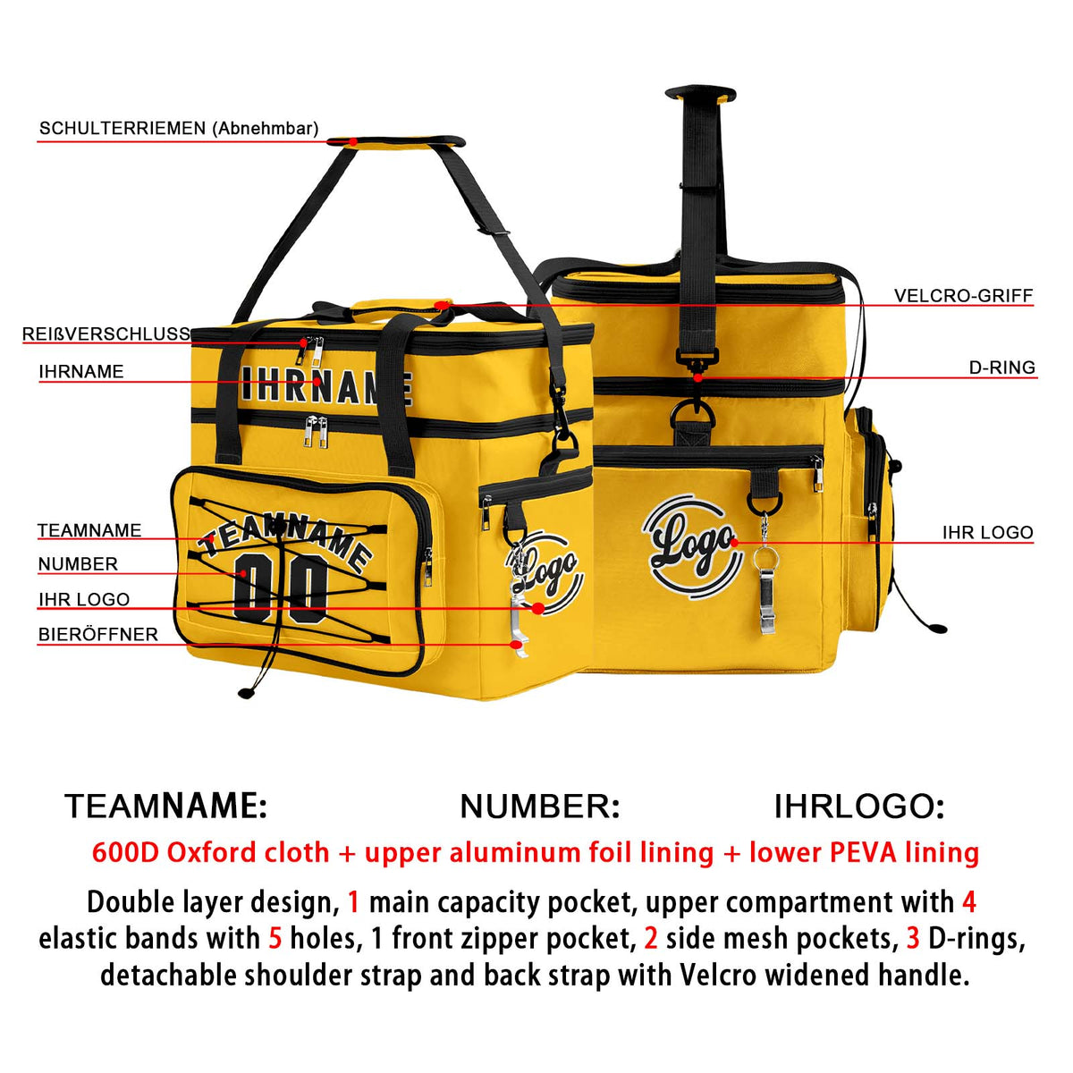 Maßgeschickerte Gelb Schwarz vollflächig bedruckte isolierte Kühltasche mit Doppelwand Wasserdichte 600D Oxford Picknick-Tragetasche für Teamevents & Outdoor-Grillen