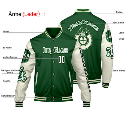 Maßgeschneiderte Grün Weiß Letterman Varsity Jacket Individuelle Stickerei  Druck nach Ihrem Wunsch