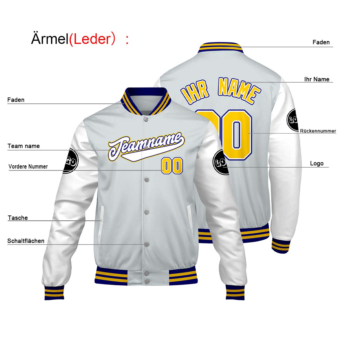 Maßgeschneiderte Hellgrau Weiß Letterman Varsity Jacket Individuelle Stickerei Druck nach Ihrem Wunsch
