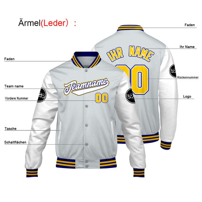 Maßgeschneiderte Hellgrau Weiß Letterman Varsity Jacket Individuelle Stickerei Druck nach Ihrem Wunsch