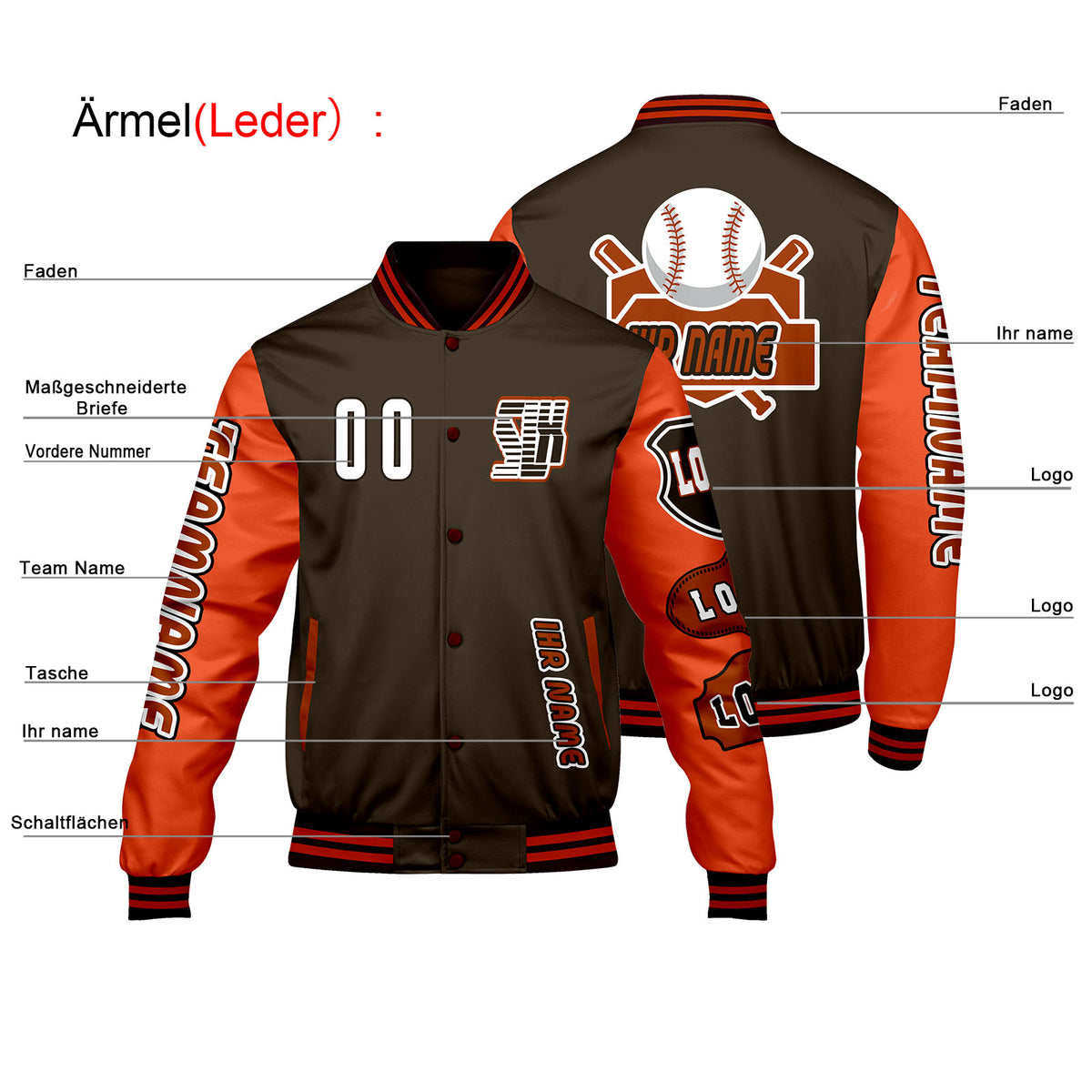 Maßgeschneiderte Braun Orange Letterman Varsity Jacket Individuelle Stickerei  Druck nach Ihrem Wunsch