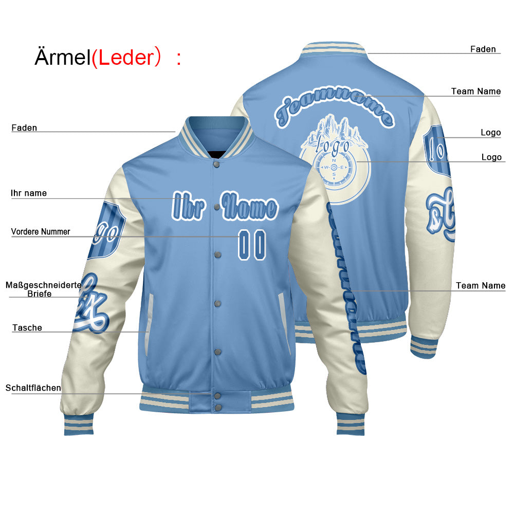Maßgeschneiderte Blau Weiß Letterman Varsity Jacket Individuelle Stickerei  Druck nach Ihrem Wunsch