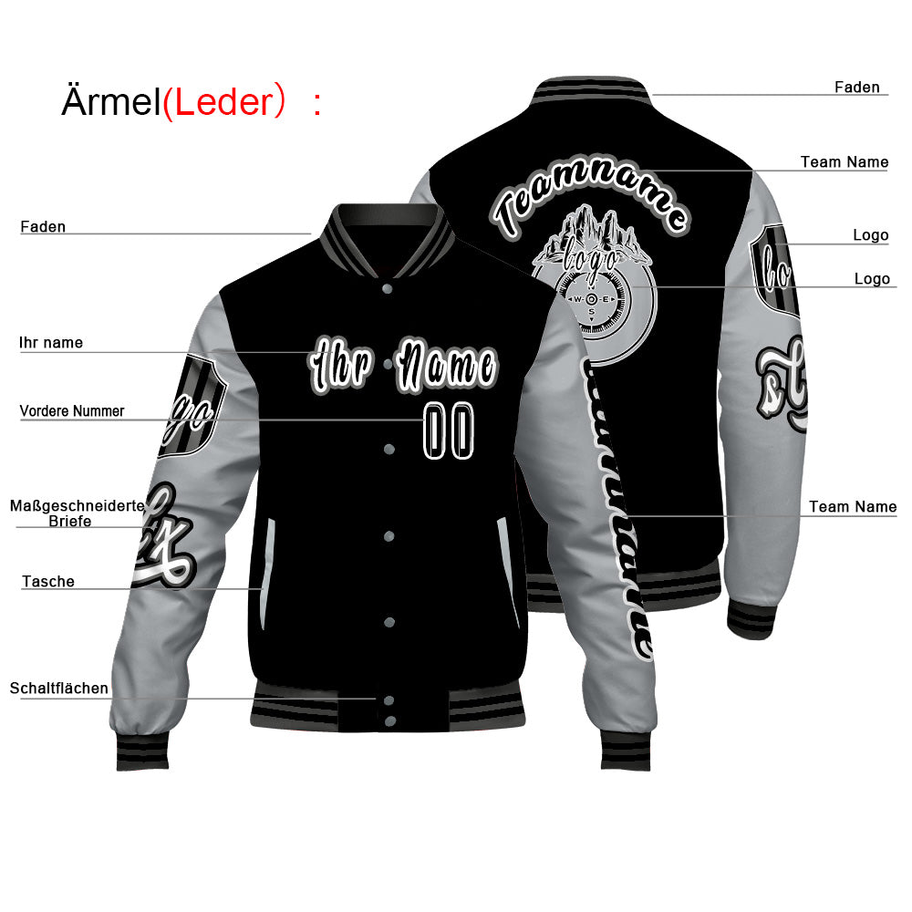 Maßgeschneiderte Schwarz Grau Letterman Varsity Jacket Individuelle Stickerei  Druck nach Ihrem Wunsch