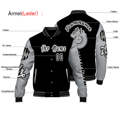 Maßgeschneiderte Schwarz Grau Letterman Varsity Jacket Individuelle Stickerei  Druck nach Ihrem Wunsch
