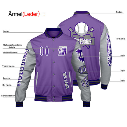 Maßgeschneiderte Lila Grau Letterman Varsity Jacket Individuelle Stickerei  Druck nach Ihrem Wunsch