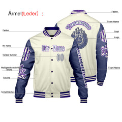 Maßgeschneiderte Weiß Lila Letterman Varsity Jacket Individuelle Stickerei  Druck nach Ihrem Wunsch