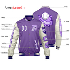 Maßgeschneiderte Lila Weiß Letterman Varsity Jacket Individuelle Stickerei  Druck nach Ihrem Wunsch