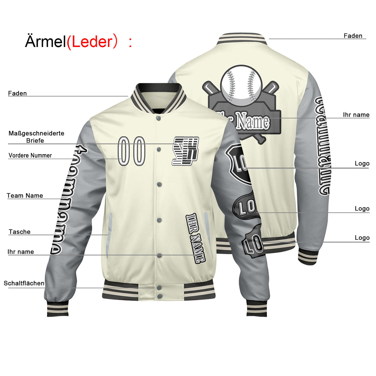 Maßgeschneiderte Weiß Grau Letterman Varsity Jacket Individuelle Stickerei  Druck nach Ihrem Wunsch