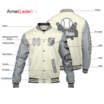Maßgeschneiderte Weiß Grau Letterman Varsity Jacket Individuelle Stickerei  Druck nach Ihrem Wunsch