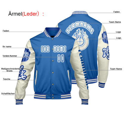 Maßgeschneiderte Blau Weiß Letterman Varsity Jacket Individuelle Stickerei  Druck nach Ihrem Wunsch