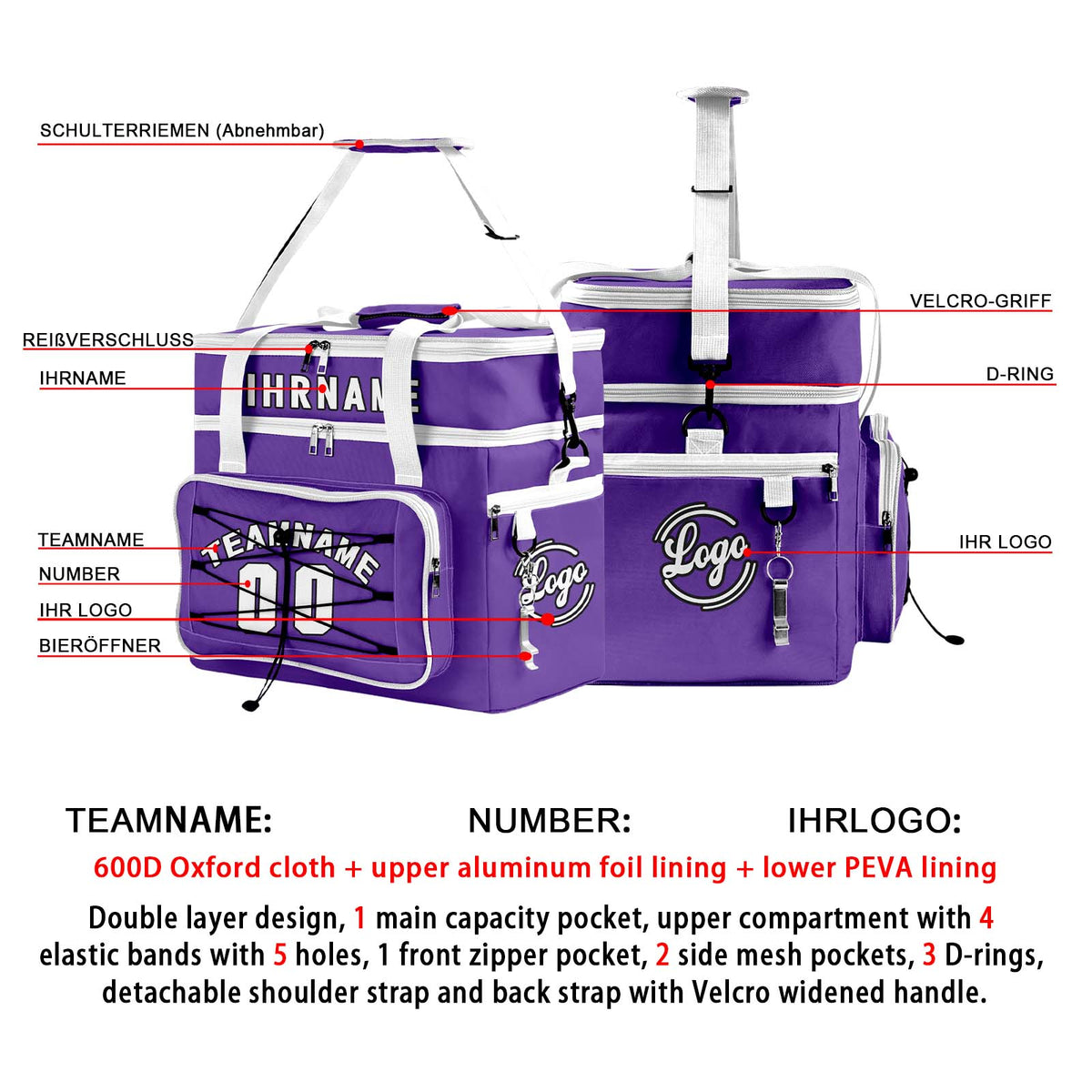 Maßgeschickerte Lila Weiß vollflächig bedruckte isolierte Kühltasche mit Doppelwand Wasserdichte 600D Oxford Picknick-Tragetasche für Teamevents & Outdoor-Grillen