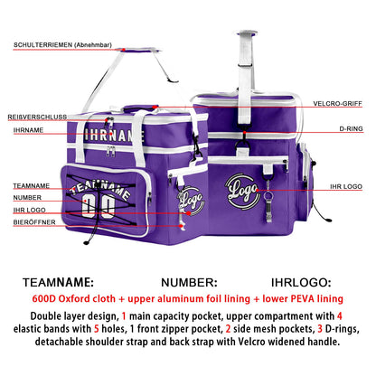 Maßgeschickerte Lila Weiß vollflächig bedruckte isolierte Kühltasche mit Doppelwand Wasserdichte 600D Oxford Picknick-Tragetasche für Teamevents & Outdoor-Grillen