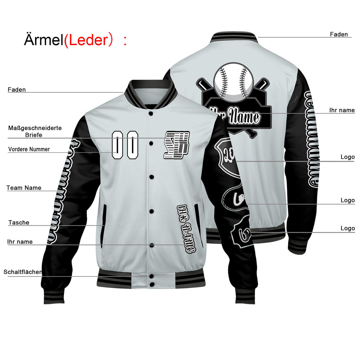 Maßgeschneiderte Grau Schwarz Letterman Varsity Jacket Individuelle Stickerei  Druck nach Ihrem Wunsch