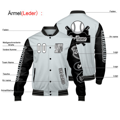 Maßgeschneiderte Grau Schwarz Letterman Varsity Jacket Individuelle Stickerei  Druck nach Ihrem Wunsch