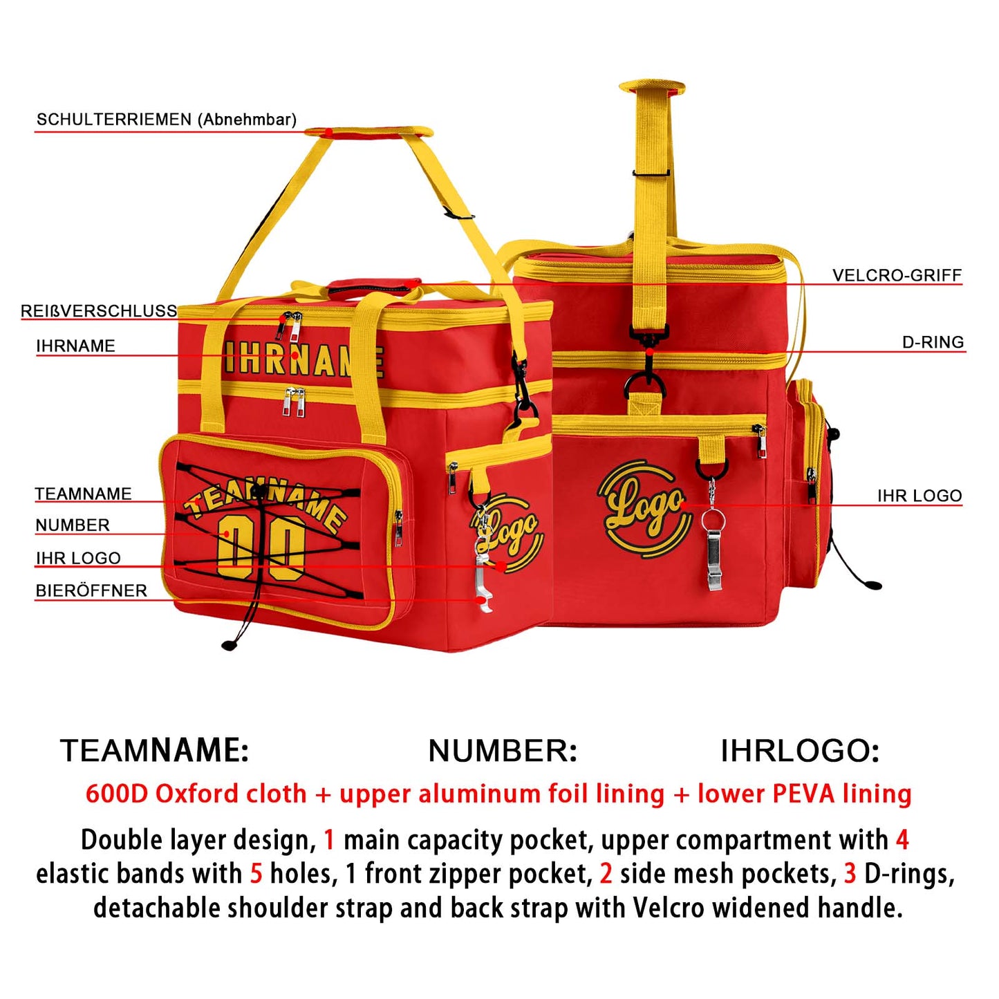 Maßgeschickerte Rot Gelb vollflächig bedruckte isolierte Kühltasche mit Doppelwand Wasserdichte 600D Oxford Picknick-Tragetasche für Teamevents & Outdoor-Grillen