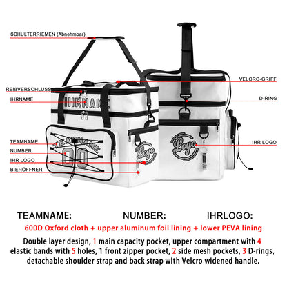 Maßgeschickerte Weiß Schwarz vollflächig bedruckte isolierte Kühltasche mit Doppelwand Wasserdichte 600D Oxford Picknick-Tragetasche für Teamevents & Outdoor-Grillen
